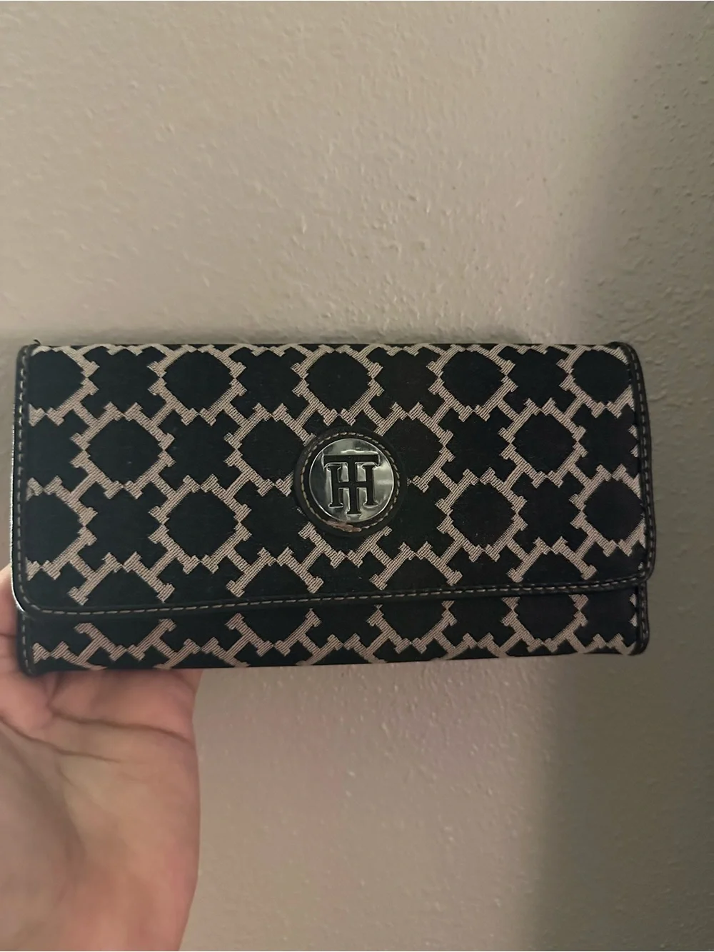 Tommy Hilfiger Black and Beige Monogram Card Holder Wallet